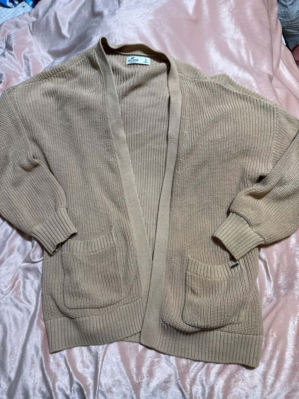 Hollister Tan Shaker Stitch Open Front Cardigan with Pockets Size S
